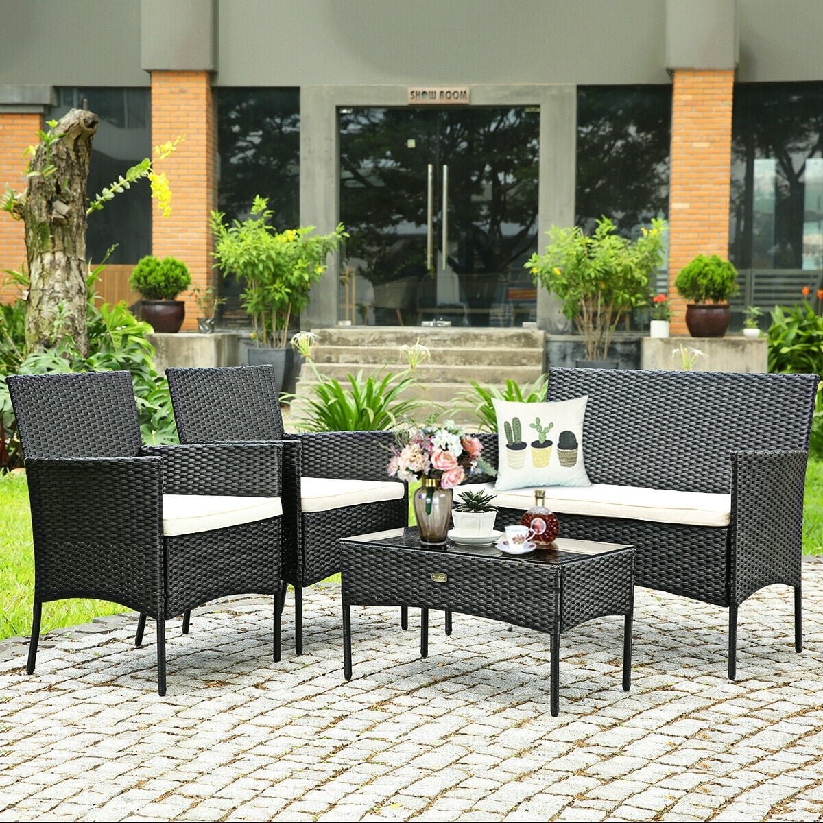 4 Pcs Patio Rattan Cushioned Sofa Furniture Set-White view 7