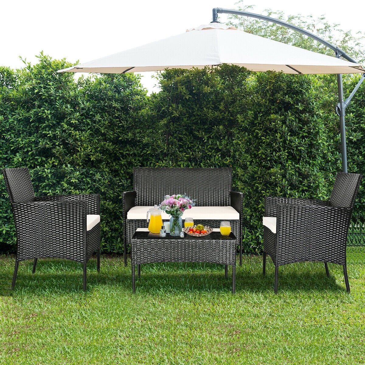 4 Pcs Patio Rattan Cushioned Sofa Furniture Set-White view 8