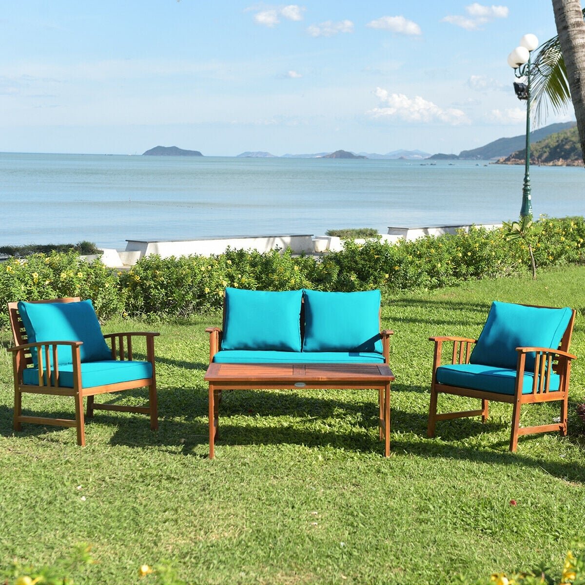 4 Pieces Wooden Patio Furniture Set Table Sofa Chair Cushioned Garden view 2