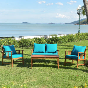 4 Pieces Wooden Patio Furniture Set Table Sofa Chair Cushioned Garden view 2