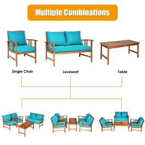 4 Pieces Wooden Patio Furniture Set Table Sofa Chair Cushioned Garden view 3