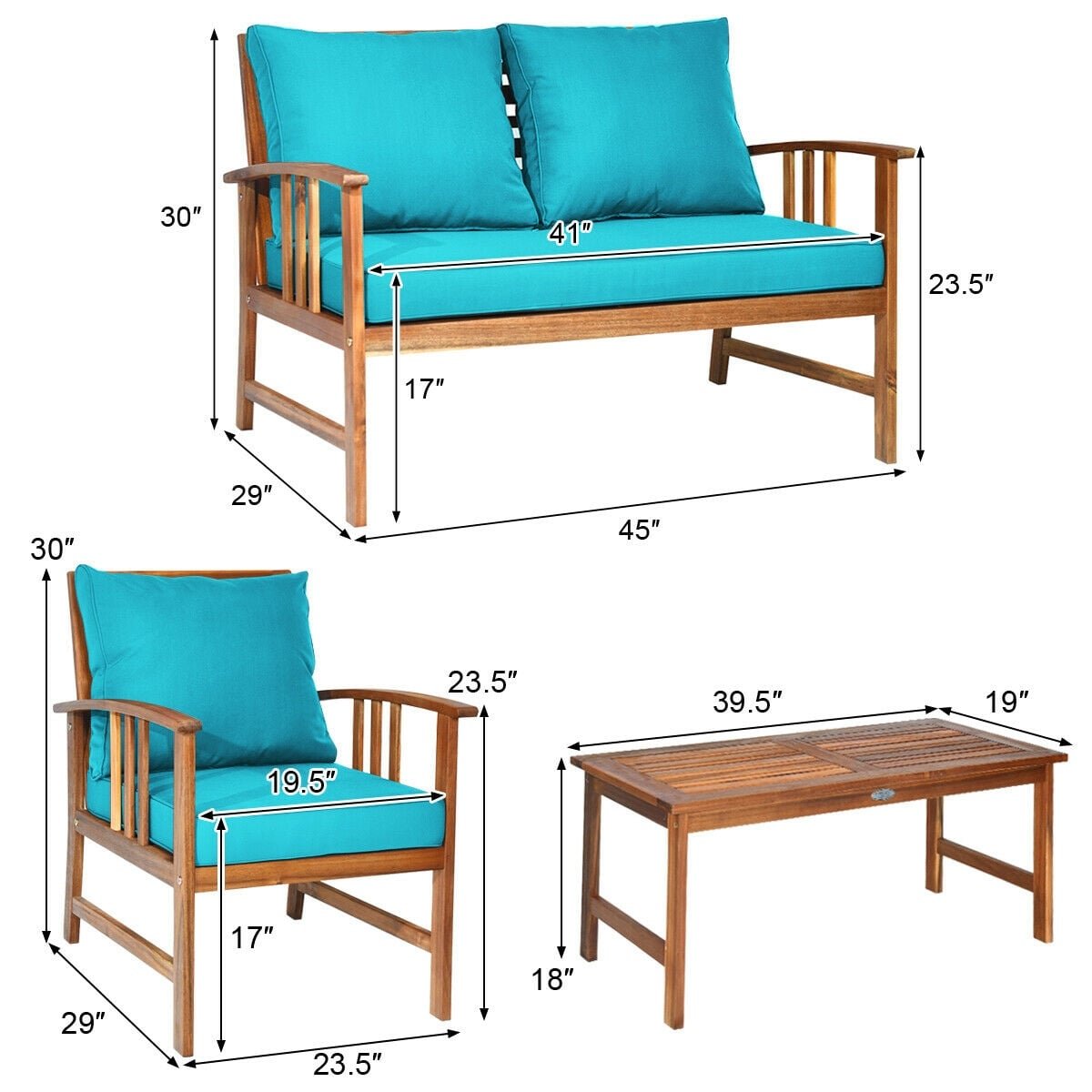 4 Pieces Wooden Patio Furniture Set Table Sofa Chair Cushioned Garden view 4