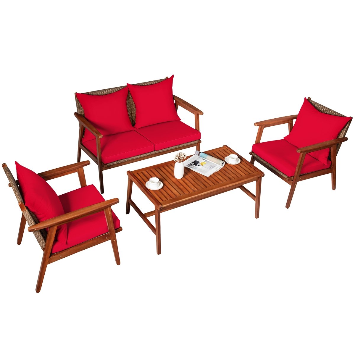 4 Piece, Acacia Wood Patio Rattan Furniture Set-Red