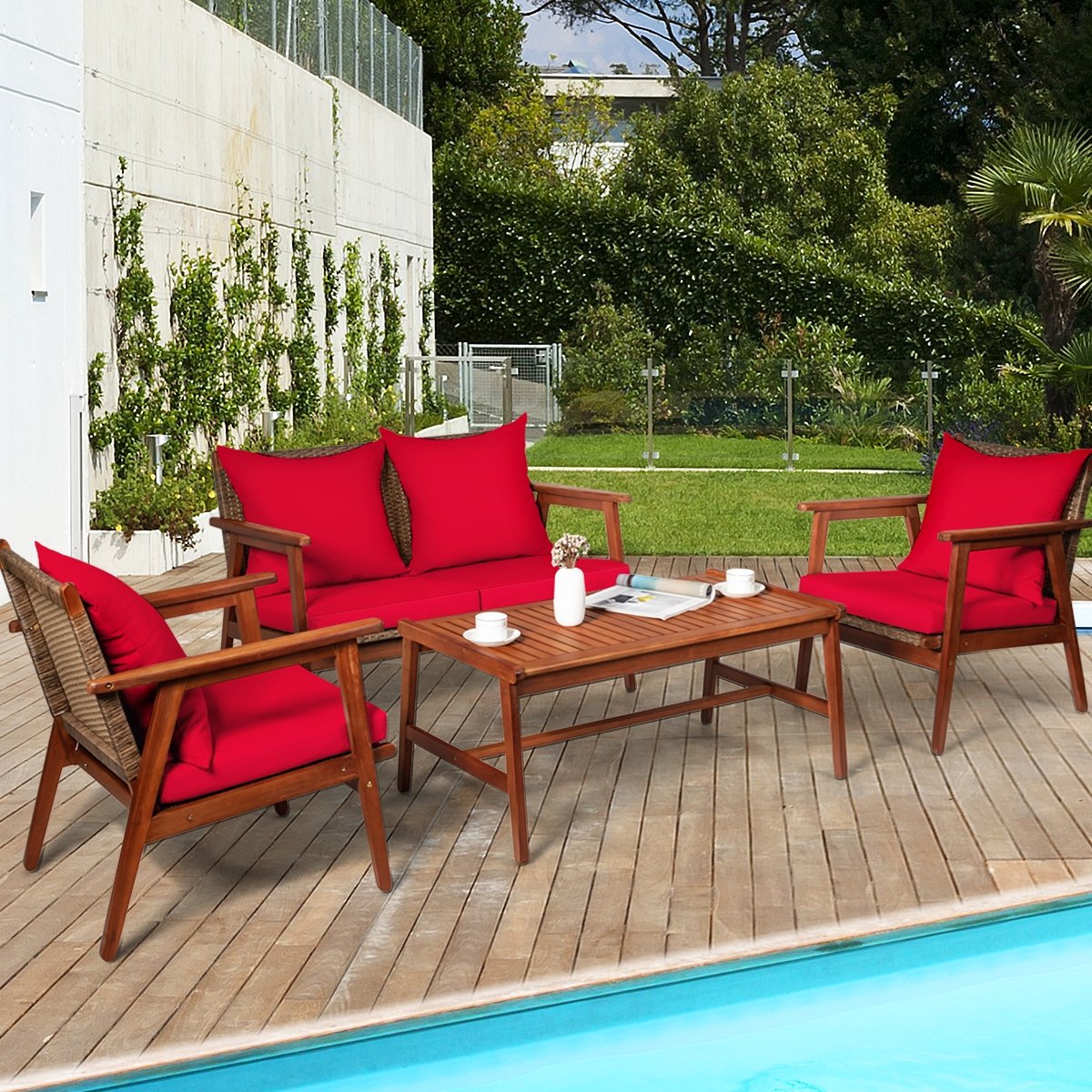 4 Piece, Acacia Wood Patio Rattan Furniture Set-Red view 2