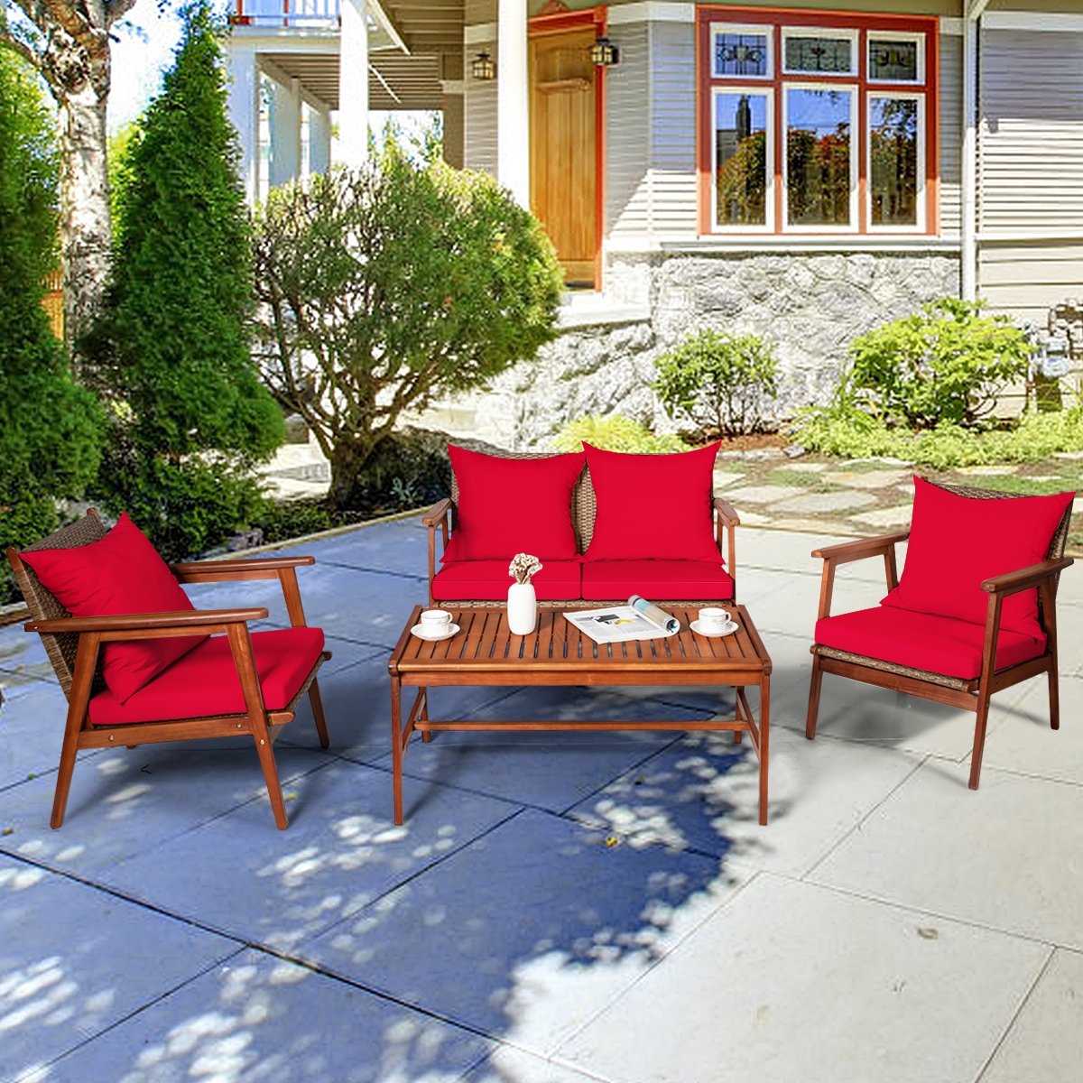 4 Piece, Acacia Wood Patio Rattan Furniture Set-Red view 3