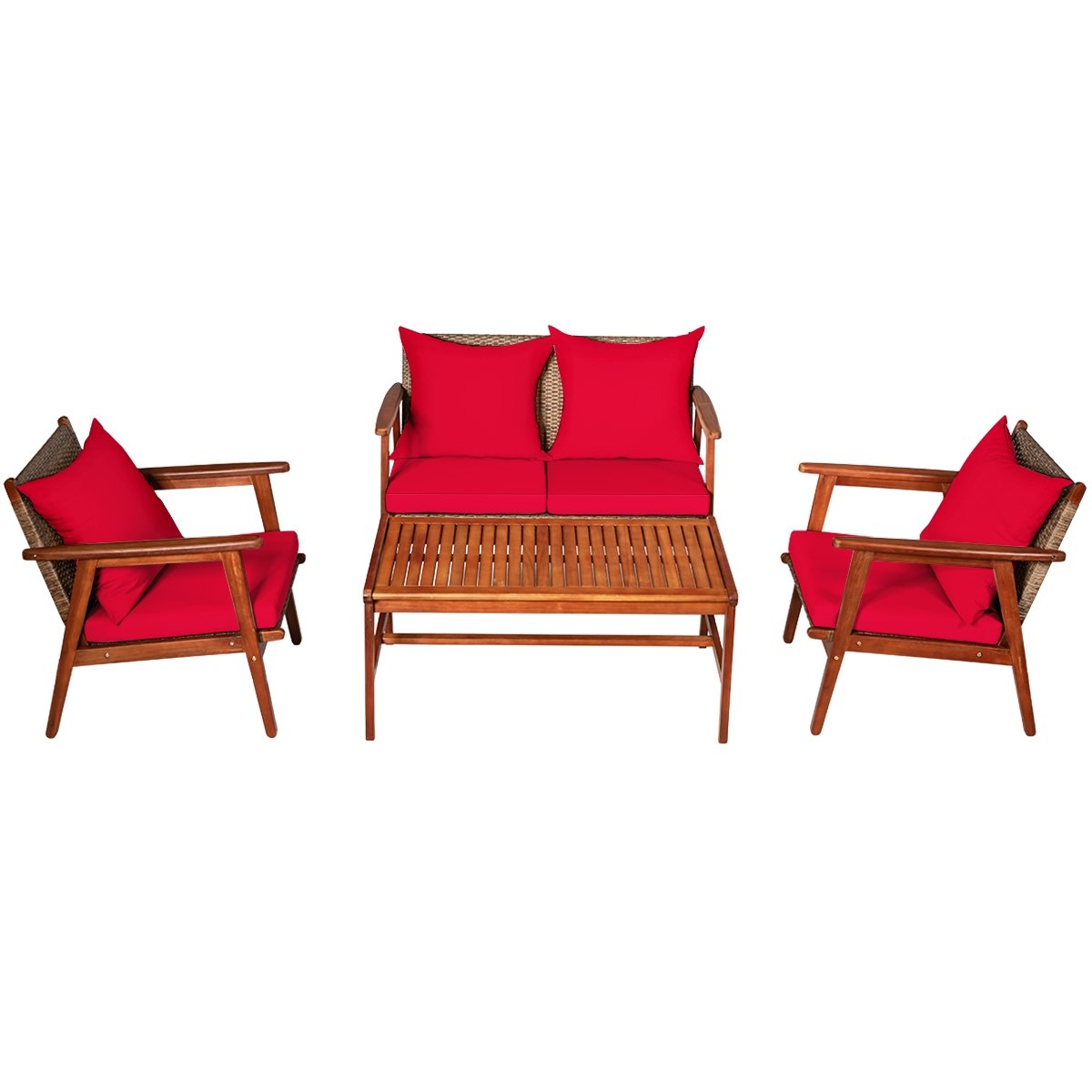 4 Piece, Acacia Wood Patio Rattan Furniture Set-Red view 4