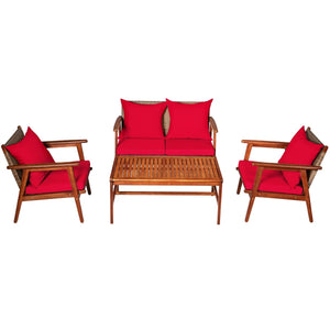 4 Piece, Acacia Wood Patio Rattan Furniture Set-Red view 4