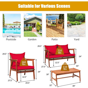 4 Piece, Acacia Wood Patio Rattan Furniture Set-Red view 5