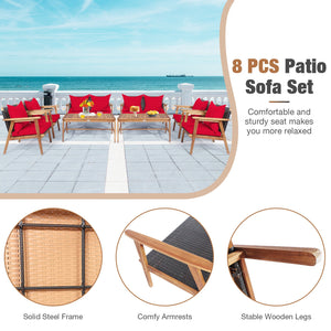 4 Piece, Acacia Wood Patio Rattan Furniture Set-Red view 6