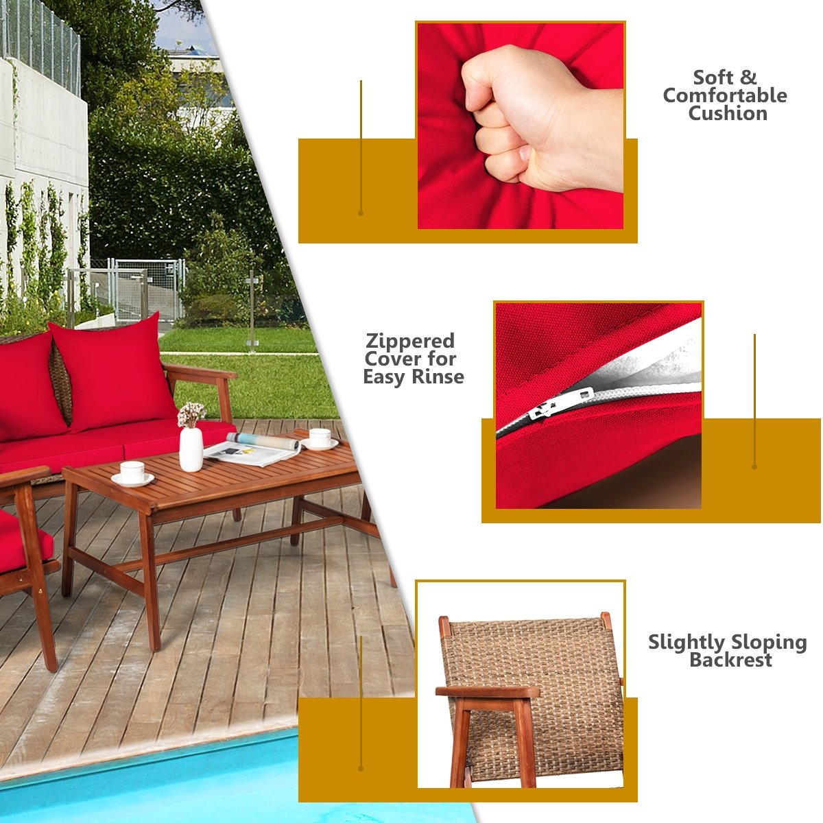 4 Piece, Acacia Wood Patio Rattan Furniture Set-Red view 7