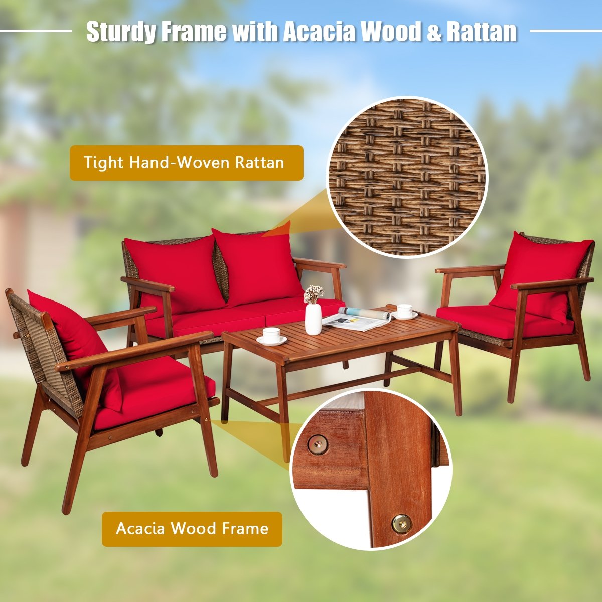 4 Piece, Acacia Wood Patio Rattan Furniture Set-Red view 8