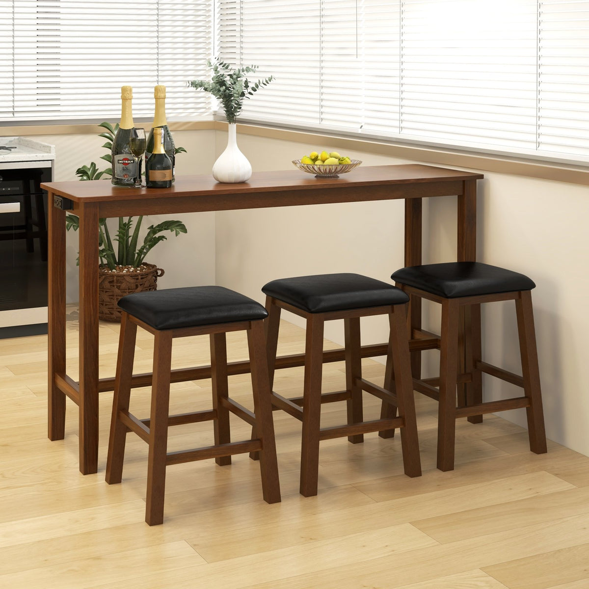 4-Piece Bar Table Set Counter-Height Table and 3 PVC Leather Upholstered Bar Stools-Brown view 2