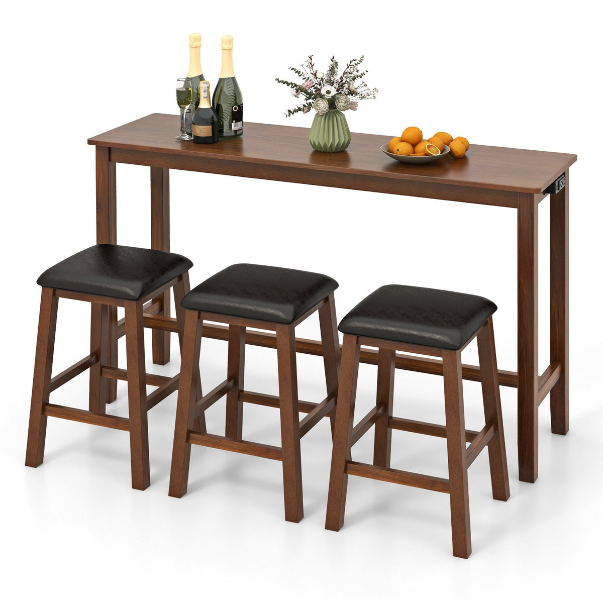 4-Piece Bar Table Set Counter-Height Table and 3 PVC Leather Upholstered Bar Stools-Brown view 4