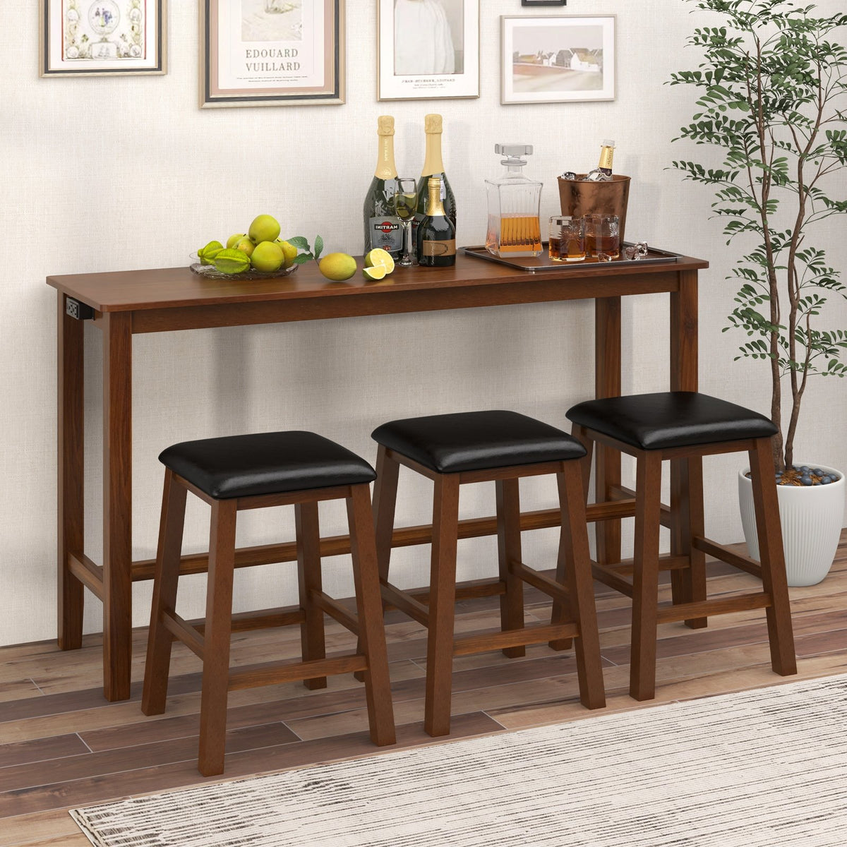 4-Piece Bar Table Set Counter-Height Table and 3 PVC Leather Upholstered Bar Stools-Brown view 6