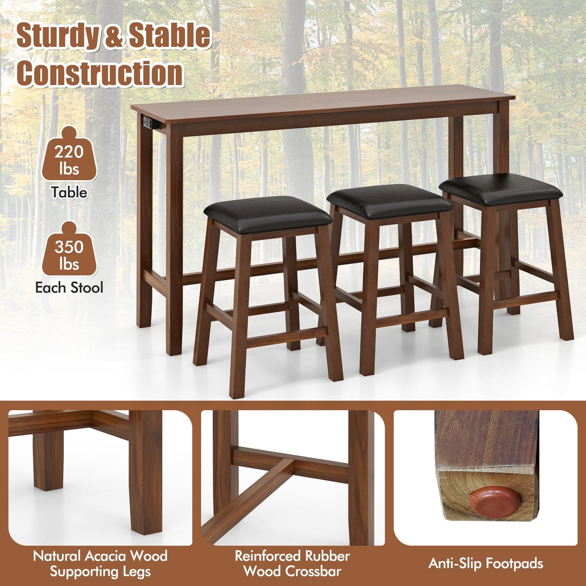 4-Piece Bar Table Set Counter-Height Table and 3 PVC Leather Upholstered Bar Stools-Brown view 7