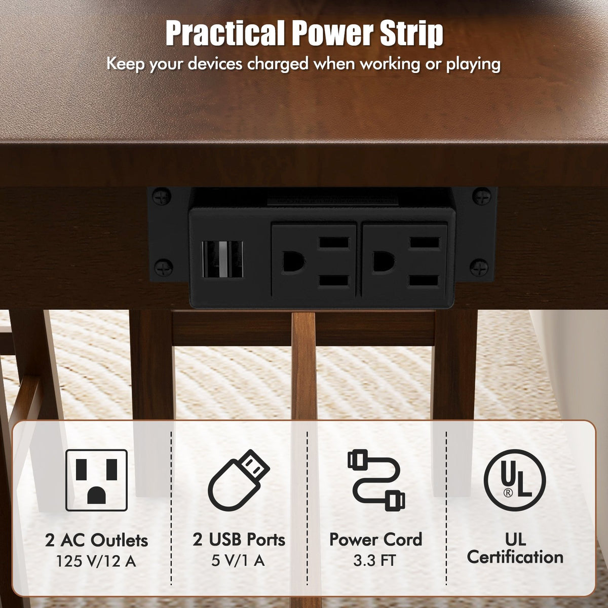 4-Piece Bar Table Set Counter-Height Table and 3 PVC Leather Upholstered Bar Stools-Brown view 8
