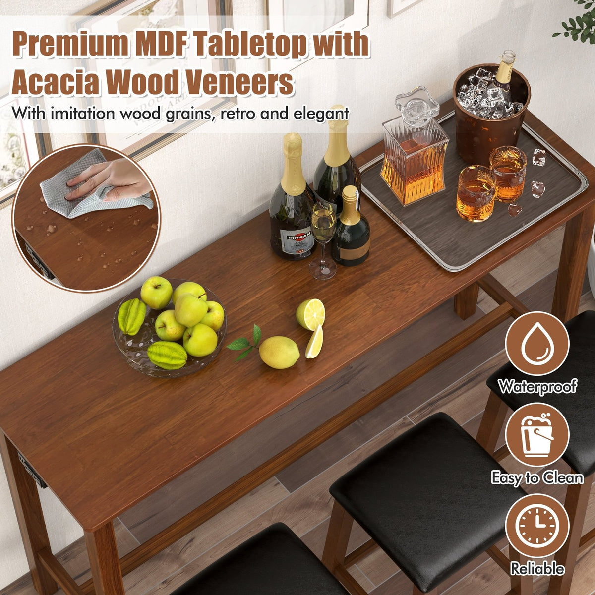 4-Piece Bar Table Set Counter-Height Table and 3 PVC Leather Upholstered Bar Stools-Brown view 9