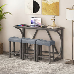 4-Piece Bar Table Set with Power Outlet and Upholstered Saddle Seat Stools-Black view 2