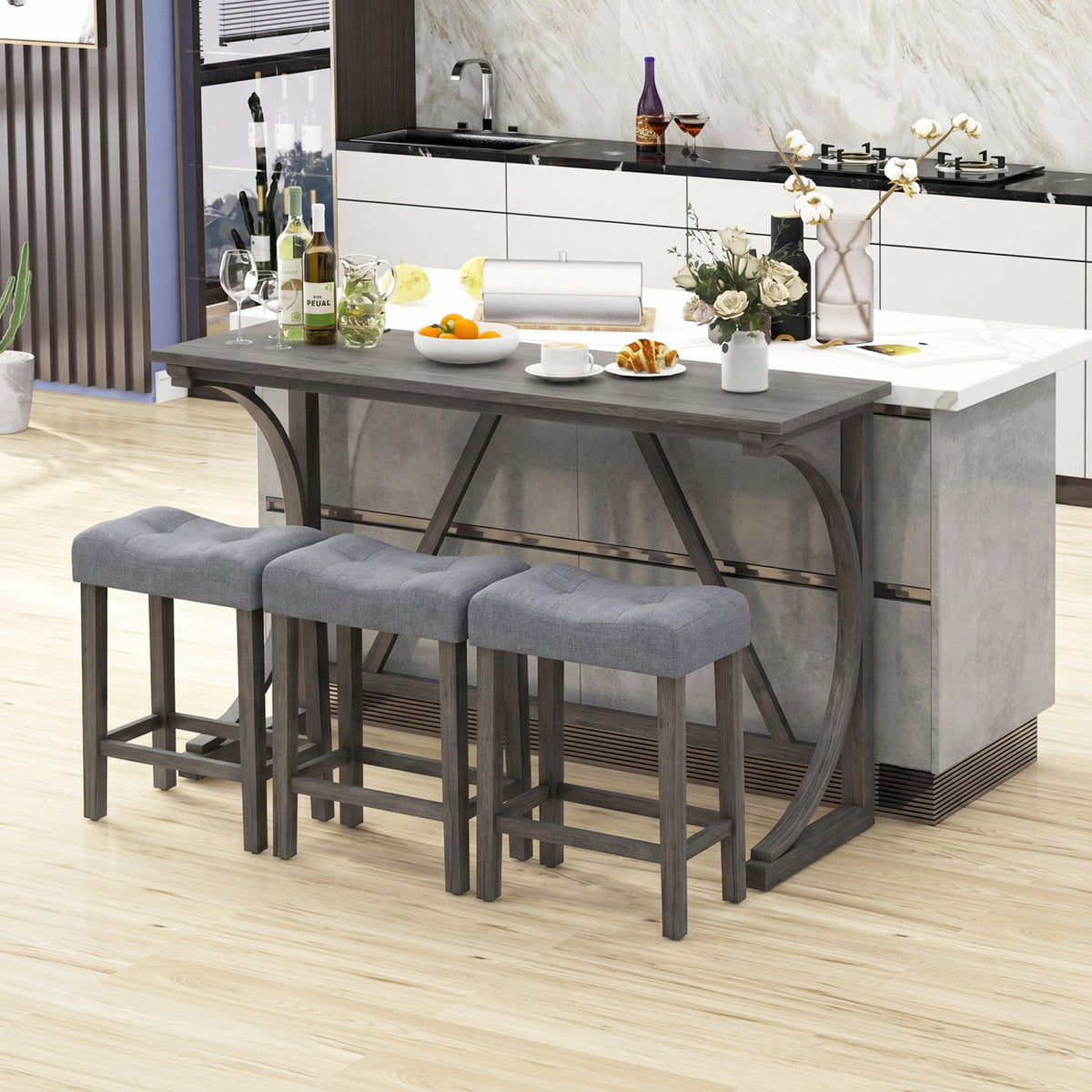 4-Piece Bar Table Set with Power Outlet and Upholstered Saddle Seat Stools-Black view 3