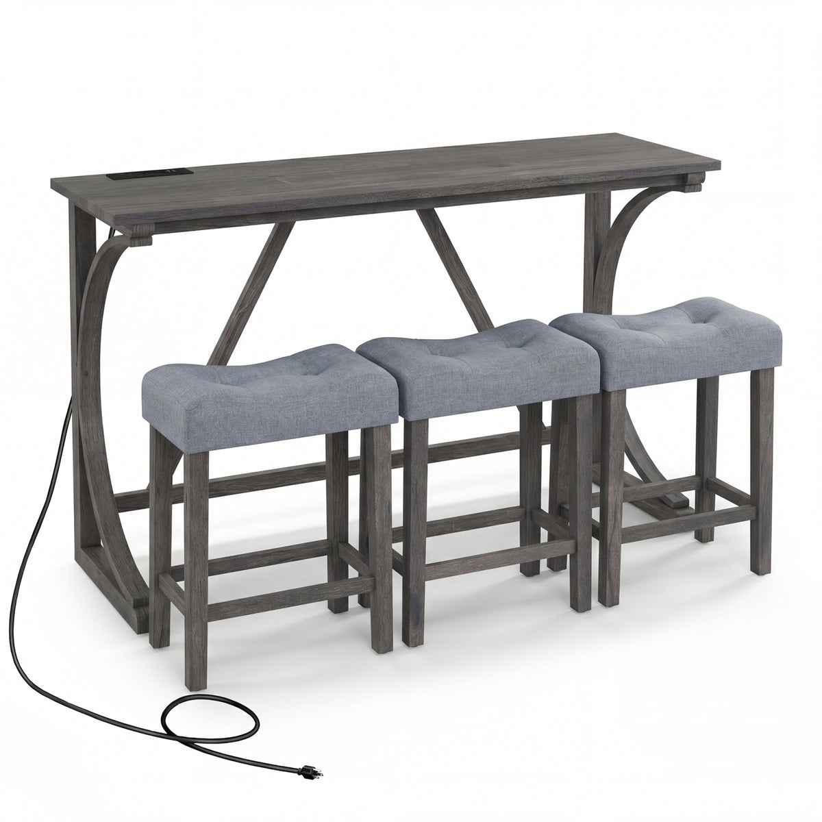 4-Piece Bar Table Set with Power Outlet and Upholstered Saddle Seat Stools-Black view 4