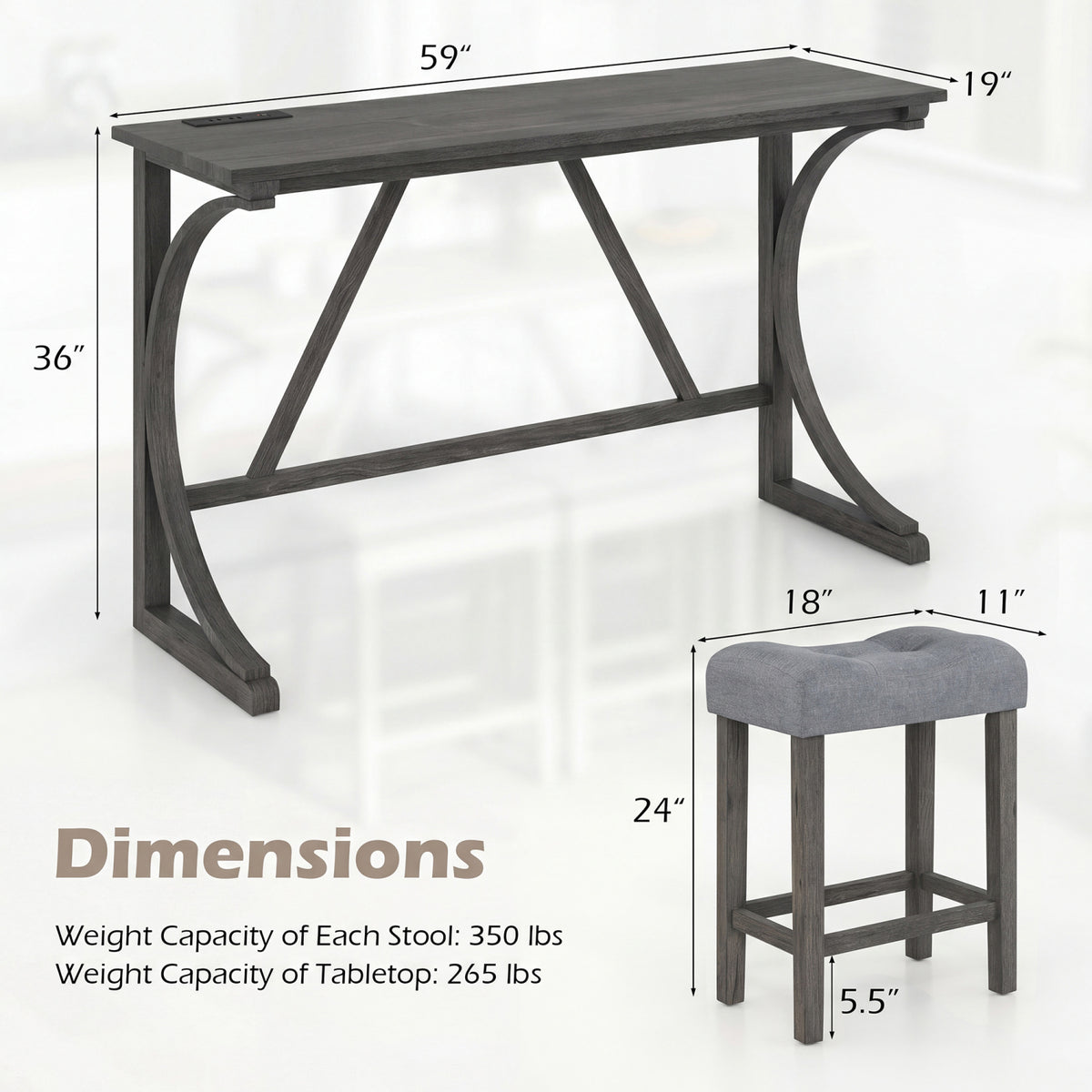4-Piece Bar Table Set with Power Outlet and Upholstered Saddle Seat Stools-Black view 5