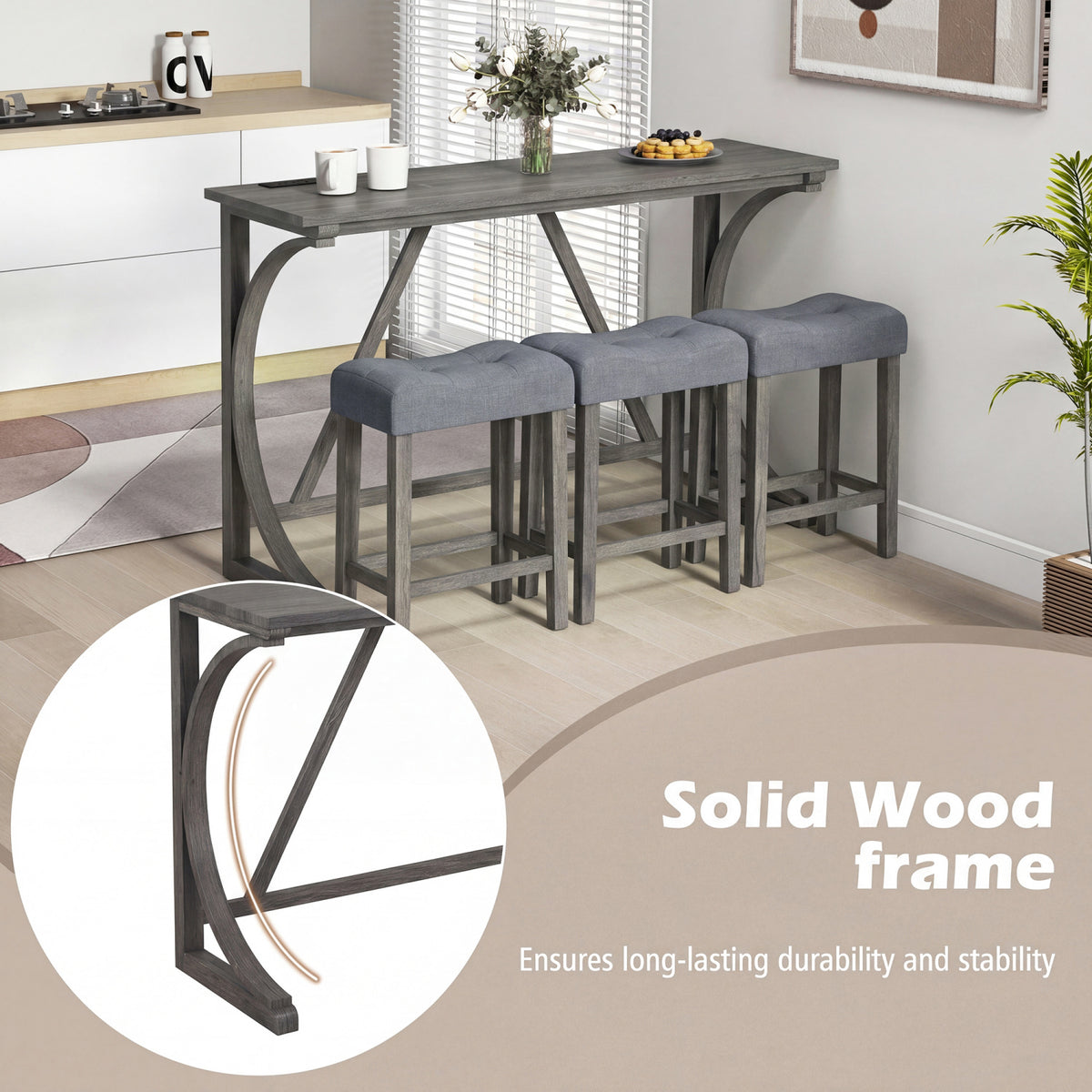 4-Piece Bar Table Set with Power Outlet and Upholstered Saddle Seat Stools-Black view 7
