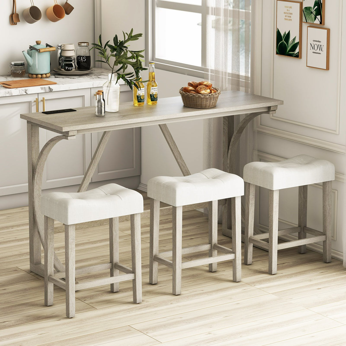 4-Piece Bar Table Set with Power Outlet and Upholstered Saddle Seat Stools-Grey and Beige view 3