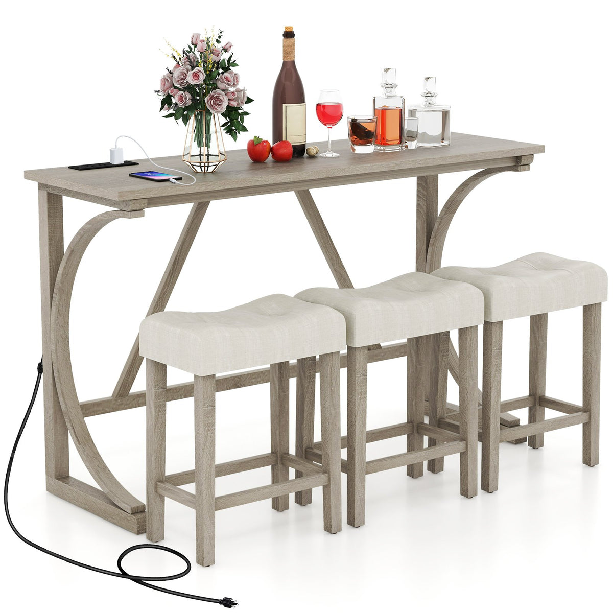 4-Piece Bar Table Set with Power Outlet and Upholstered Saddle Seat Stools-Grey and Beige view 4