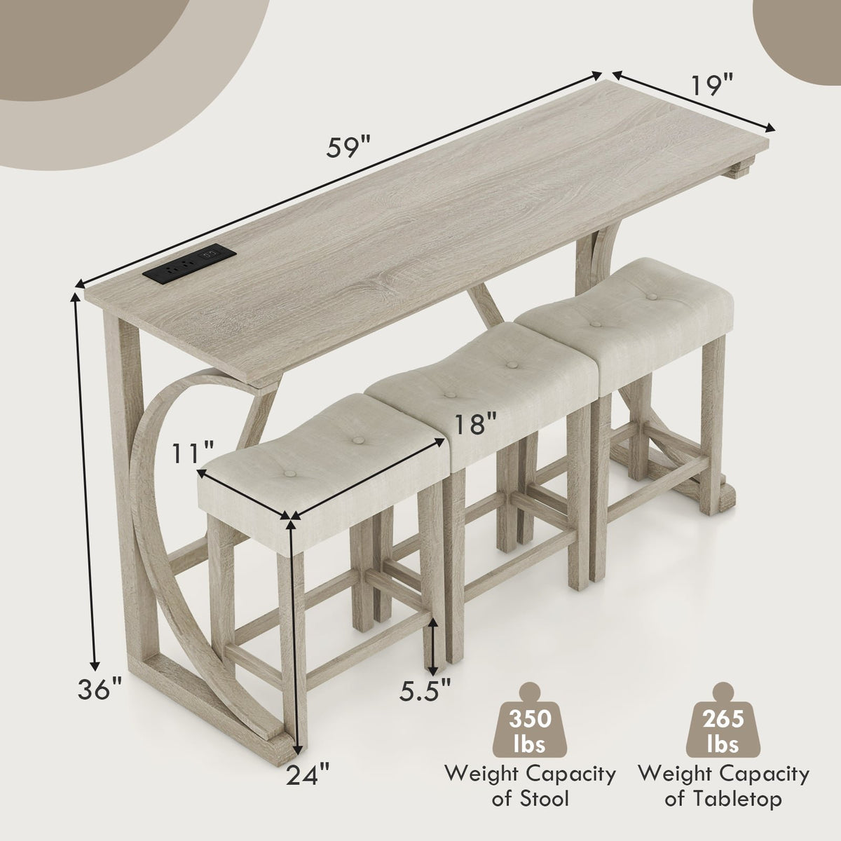 4-Piece Bar Table Set with Power Outlet and Upholstered Saddle Seat Stools-Grey and Beige view 5