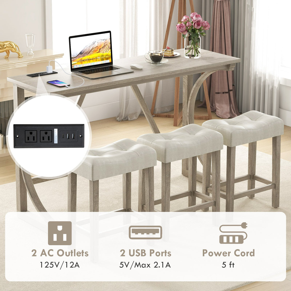 4-Piece Bar Table Set with Power Outlet and Upholstered Saddle Seat Stools-Grey and Beige view 6