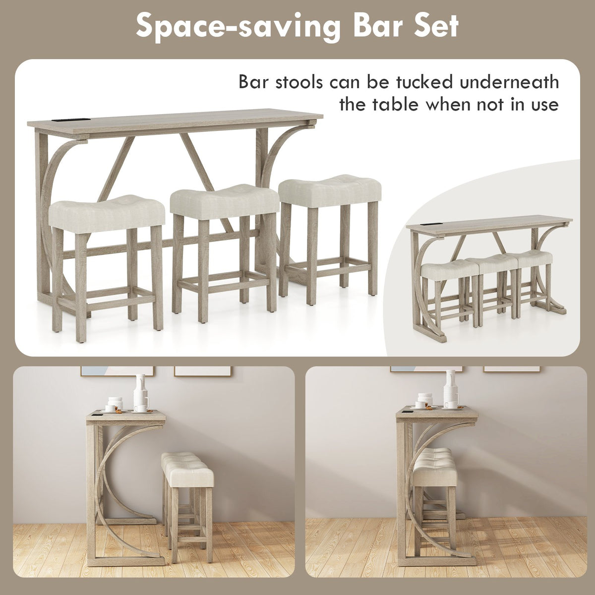 4-Piece Bar Table Set with Power Outlet and Upholstered Saddle Seat Stools-Grey and Beige view 9