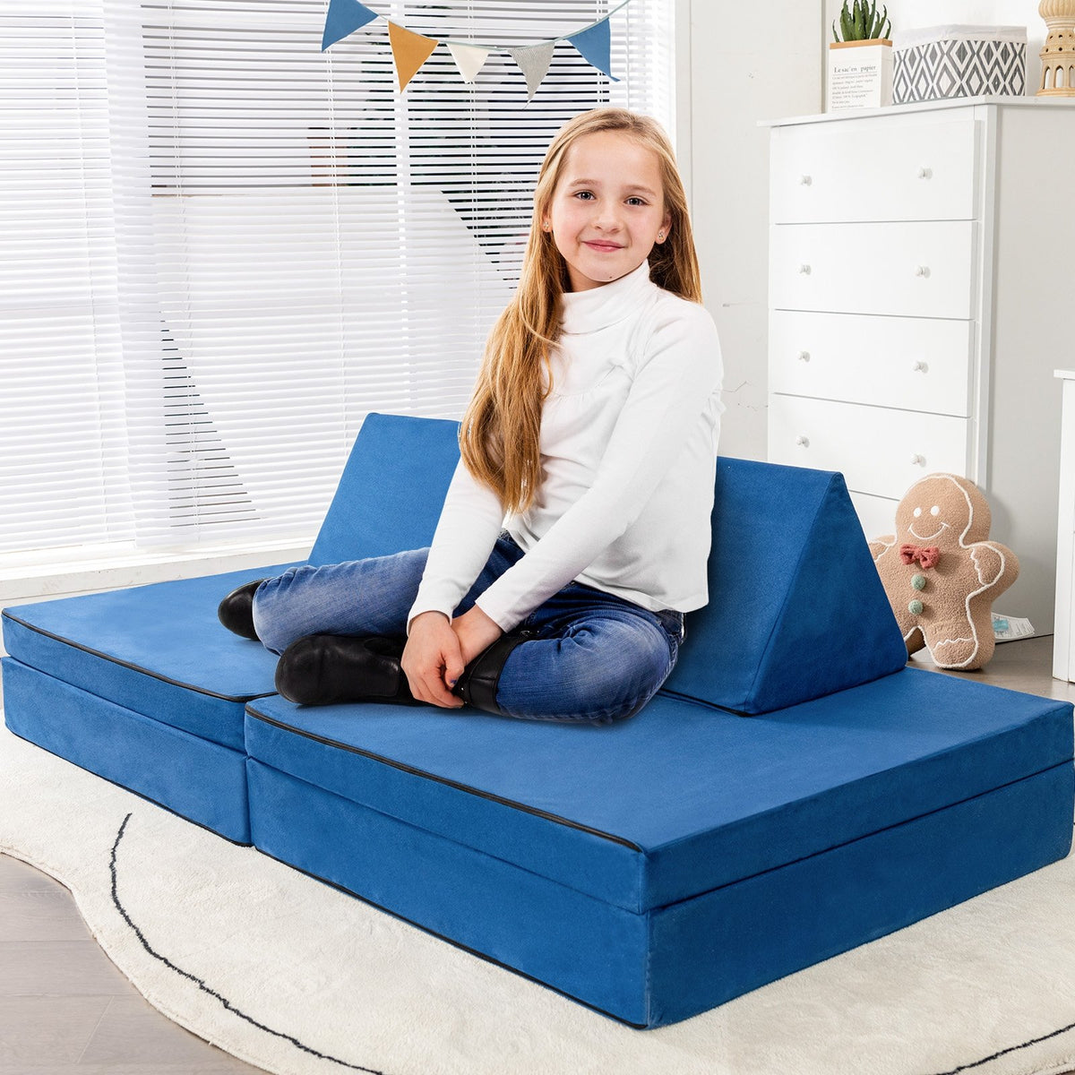 4-Piece Convertible Kids Couch Set with 2 Folding Mats-Blue view 2