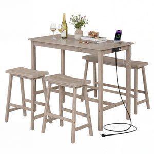 4-Piece Counter Height Dining Table Set with Power Outlet Solid Rubber Wood Kitchen Table-Light Gray
