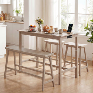 4-Piece Counter Height Dining Table Set with Power Outlet Solid Rubber Wood Kitchen Table-Light Gray view 2