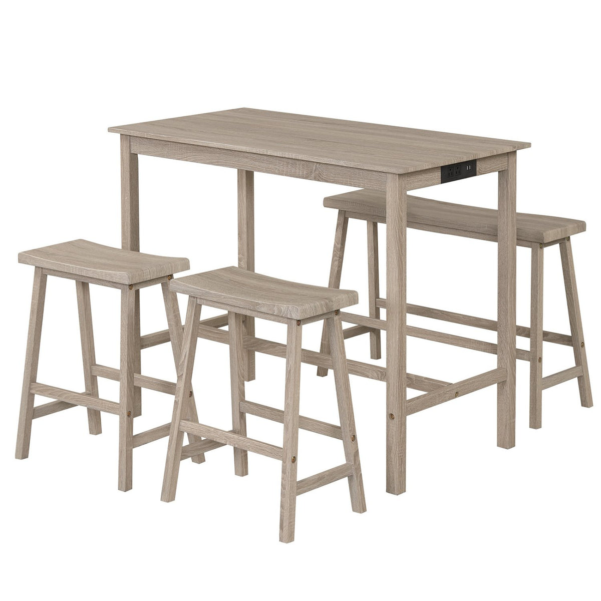 4-Piece Counter Height Dining Table Set with Power Outlet Solid Rubber Wood Kitchen Table-Light Gray view 4