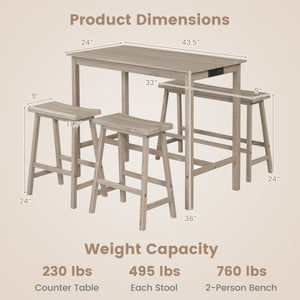 4-Piece Counter Height Dining Table Set with Power Outlet Solid Rubber Wood Kitchen Table-Light Gray view 5