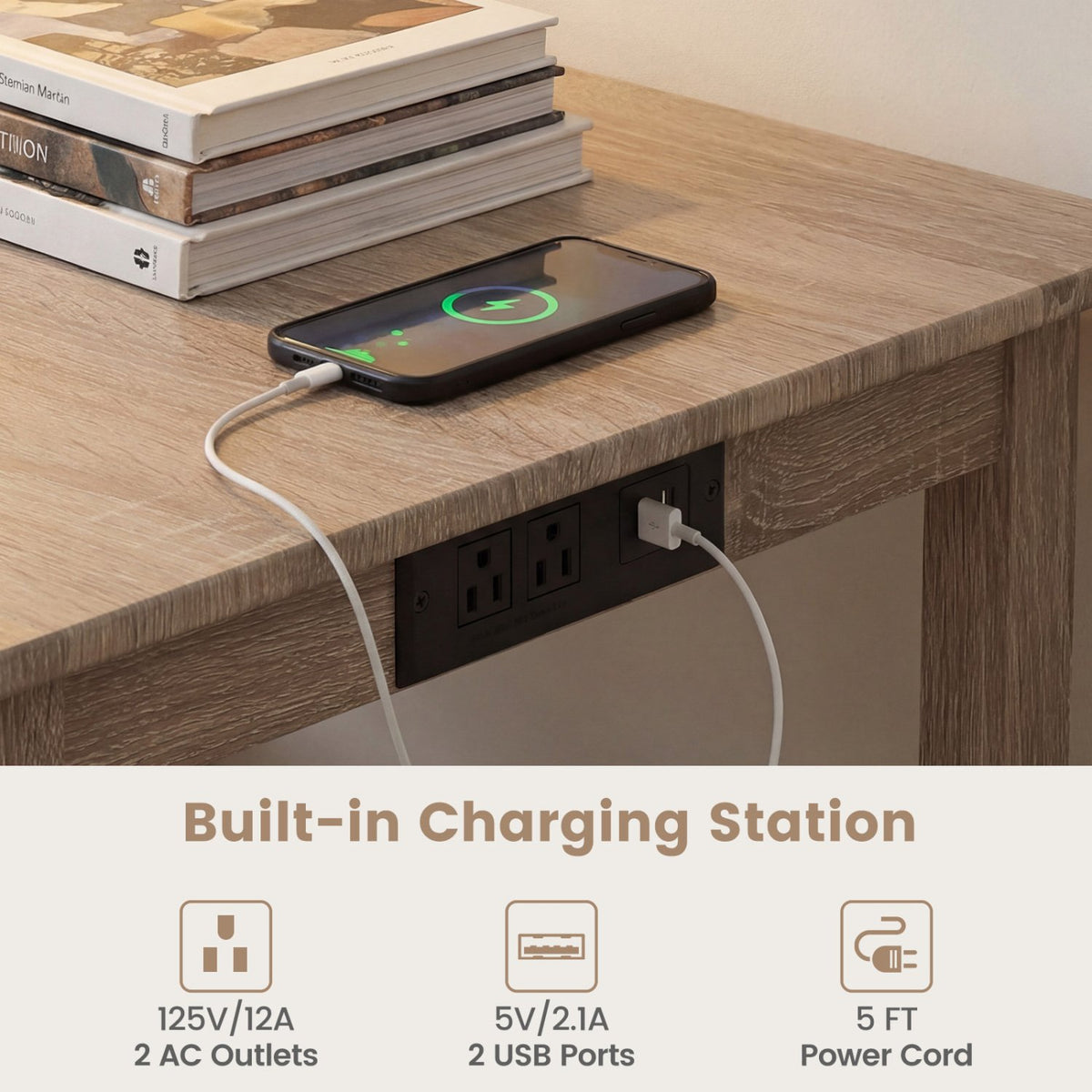 4-Piece Counter Height Dining Table Set with Power Outlet Solid Rubber Wood Kitchen Table-Light Gray view 6