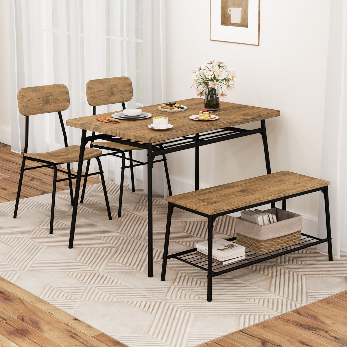 4 Piece Dining Table Set for 4 Metal Frame with Bench and 2 Chairs-Brown view 2