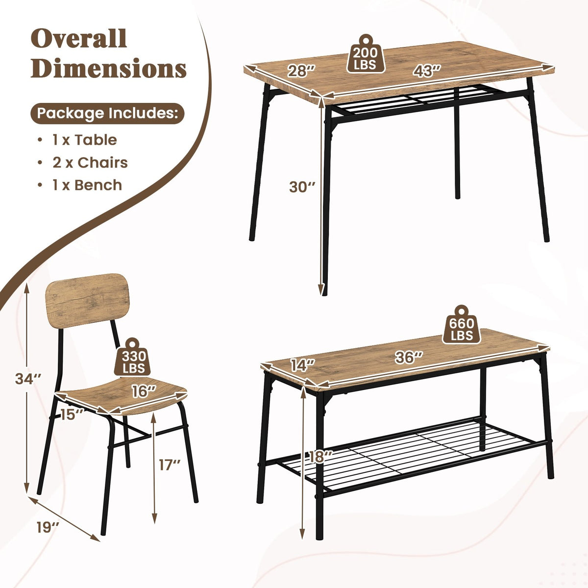 4 Piece Dining Table Set for 4 Metal Frame with Bench and 2 Chairs-Brown view 4