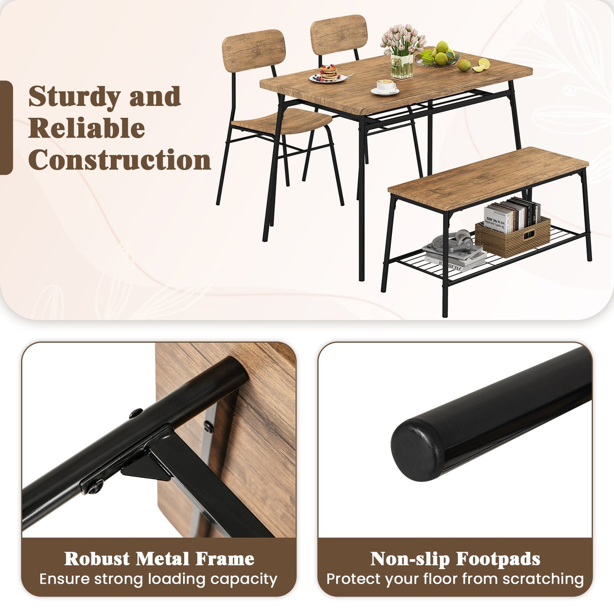 4 Piece Dining Table Set for 4 Metal Frame with Bench and 2 Chairs-Brown view 7