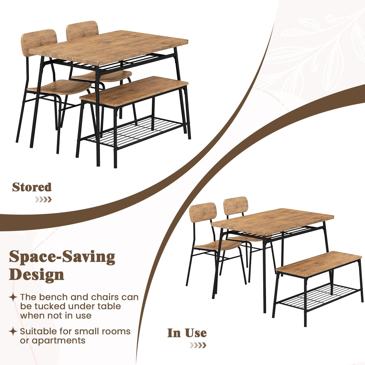 4 Piece Dining Table Set for 4 Metal Frame with Bench and 2 Chairs-Brown view 9
