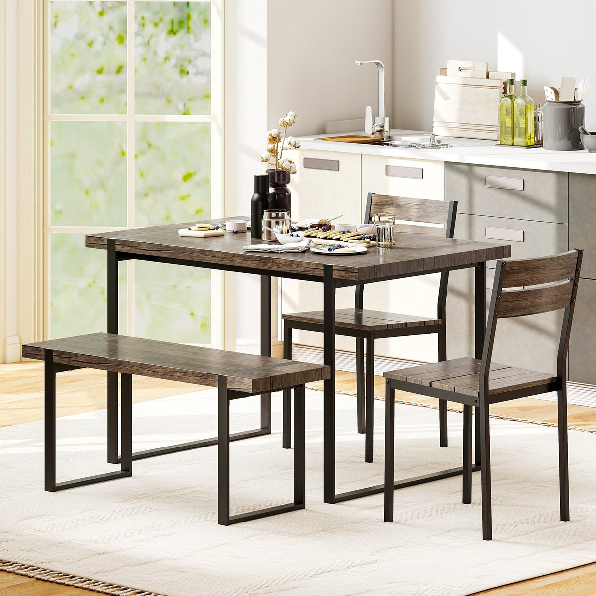 4-Piece Dining Table Set for 4 with 1 Bench and 2 Chairs-Gray view 3