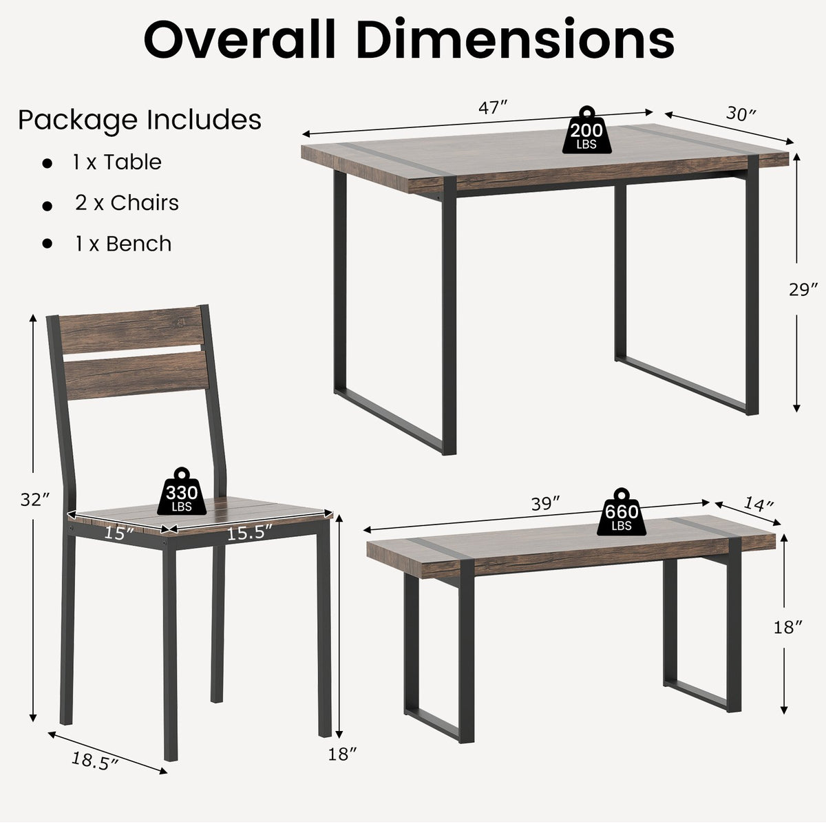 4-Piece Dining Table Set for 4 with 1 Bench and 2 Chairs-Gray view 5