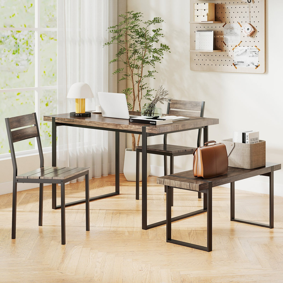 4-Piece Dining Table Set for 4 with 1 Bench and 2 Chairs-Gray view 6