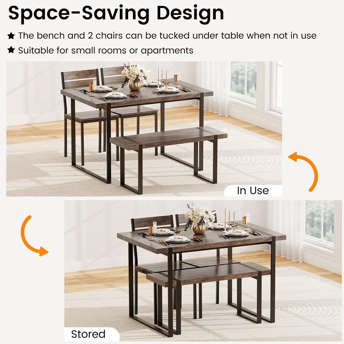 4-Piece Dining Table Set for 4 with 1 Bench and 2 Chairs-Gray view 7