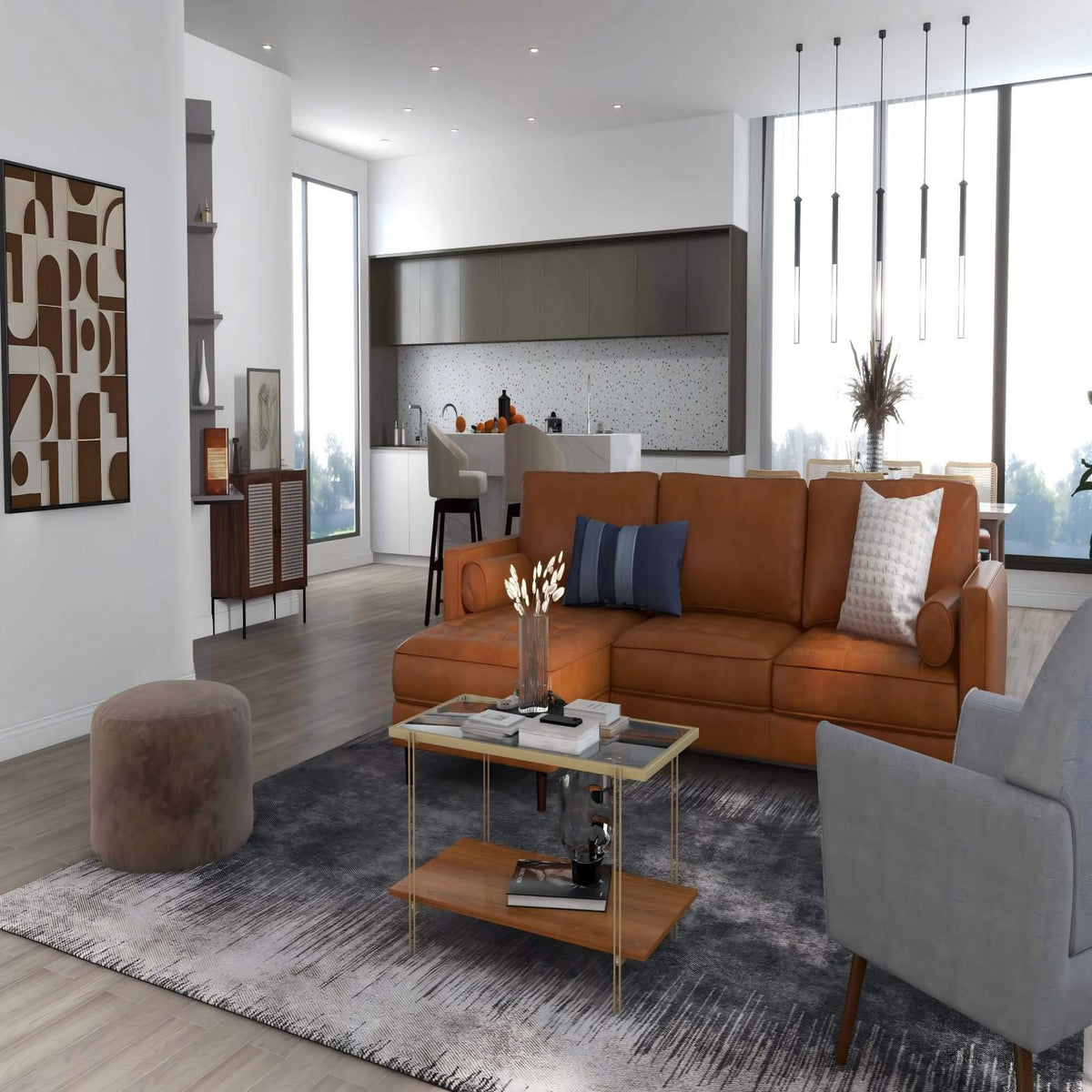 4-Piece Home Furniture Set with 2 Swivel Bar Stools, Kitchen Sideboard, Sectional Sofa & Glass Coffee Table