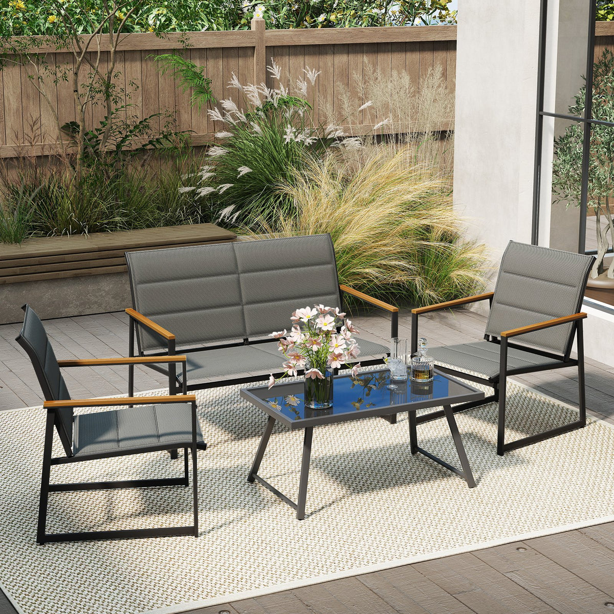 4-Piece Outdoor Conversation Patio Furniture Set-Gray view 2