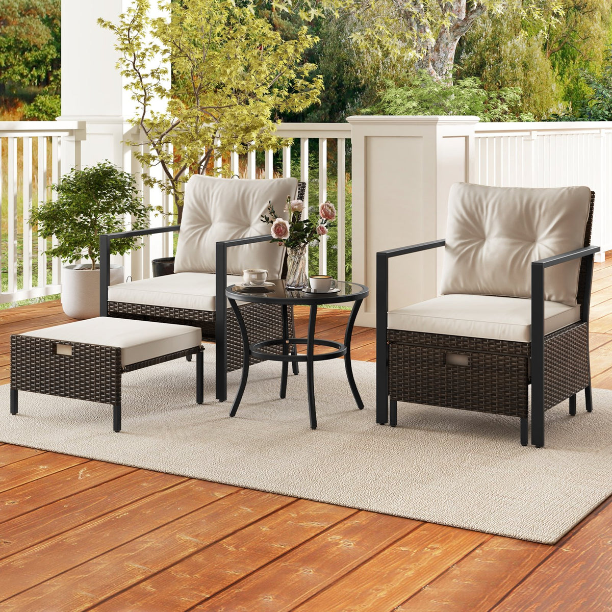 4 Piece Outdoor Furniture Set with Glass Topped Coffee Table-White view 2
