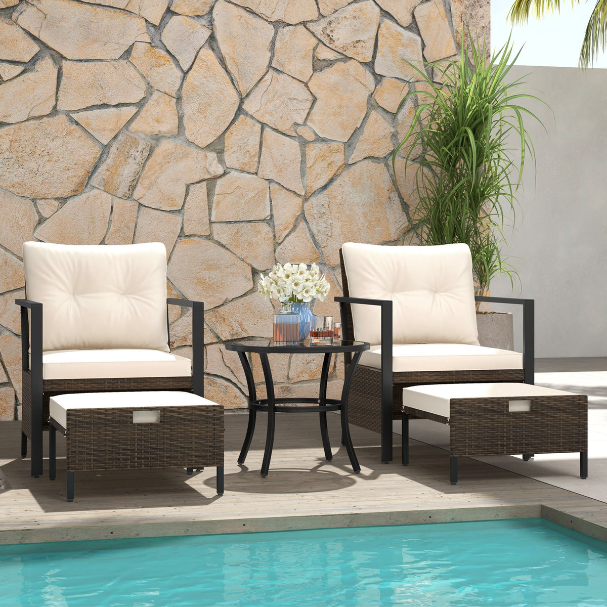 4 Piece Outdoor Furniture Set with Glass Topped Coffee Table-White view 3