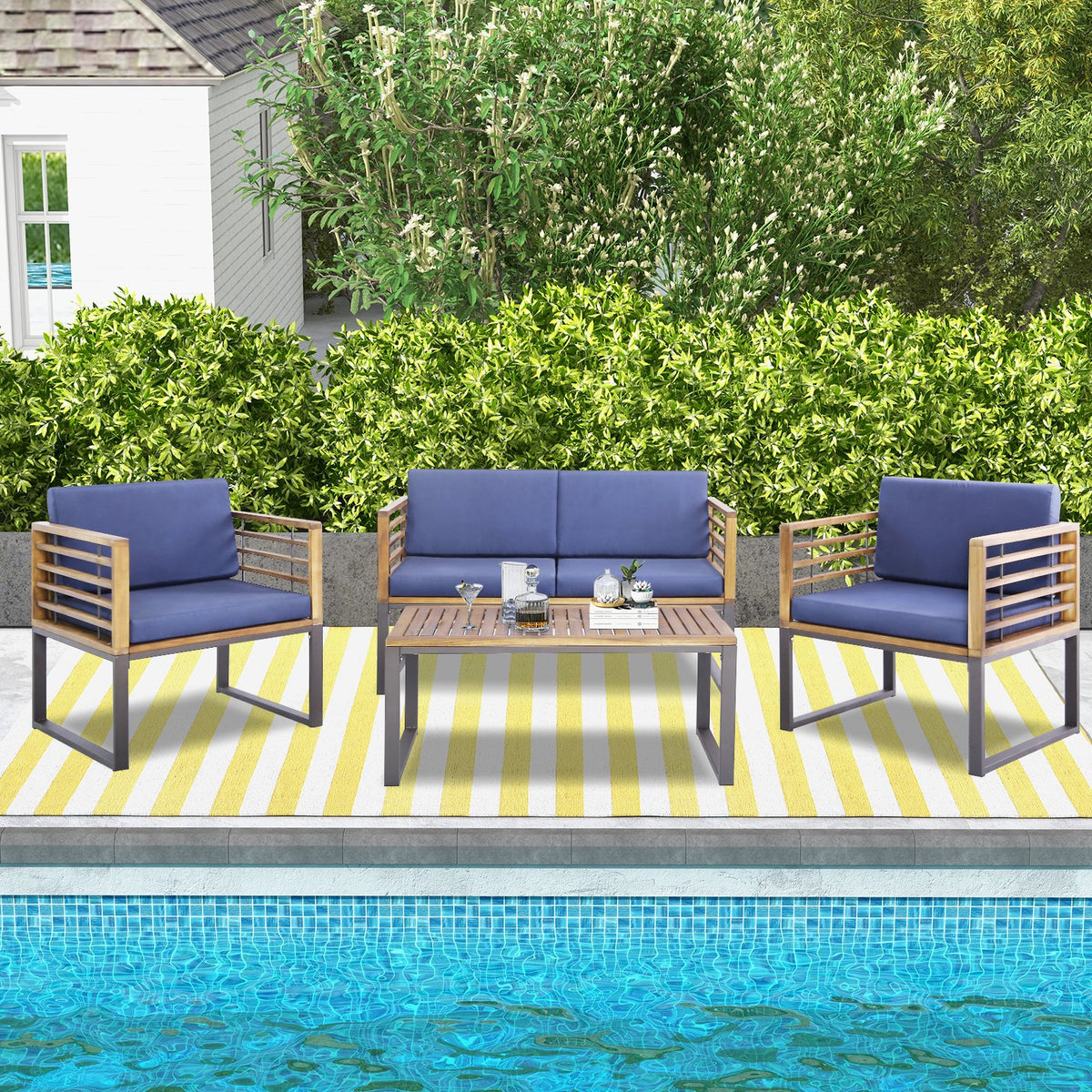 4 Piece Patio Acacia Wood Conversation Set with Soft Seat-Navy view 2